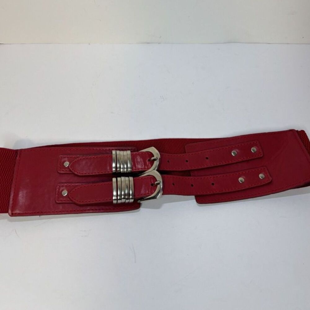 Womens Lux Red Elastic Wrap Around Leather Metal Double Buckle Belt Designer - Picture 2 of 8